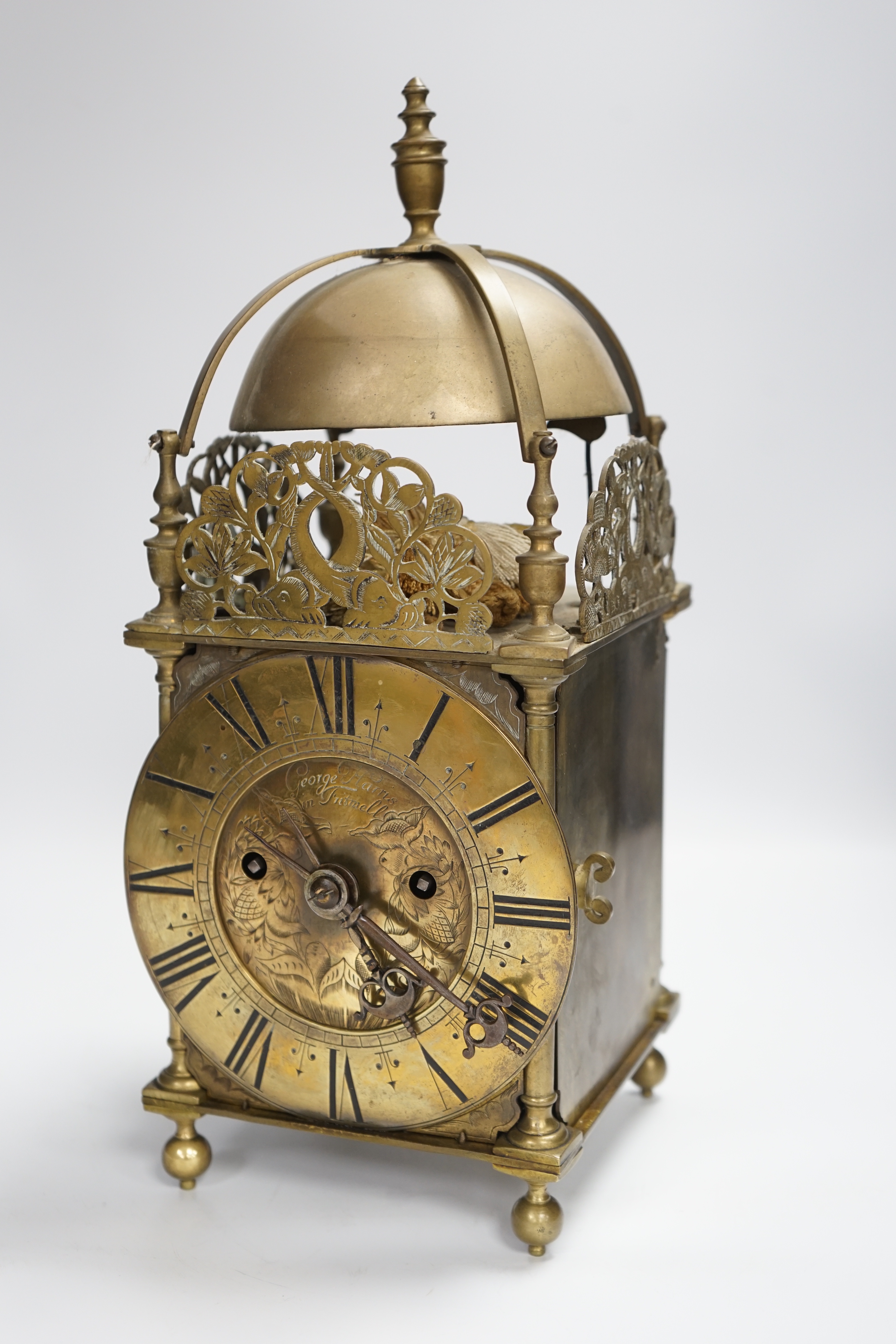 19th century brass lantern clock, dial signed George Harris in Fritwell, with two train fusee movement, 38cm high